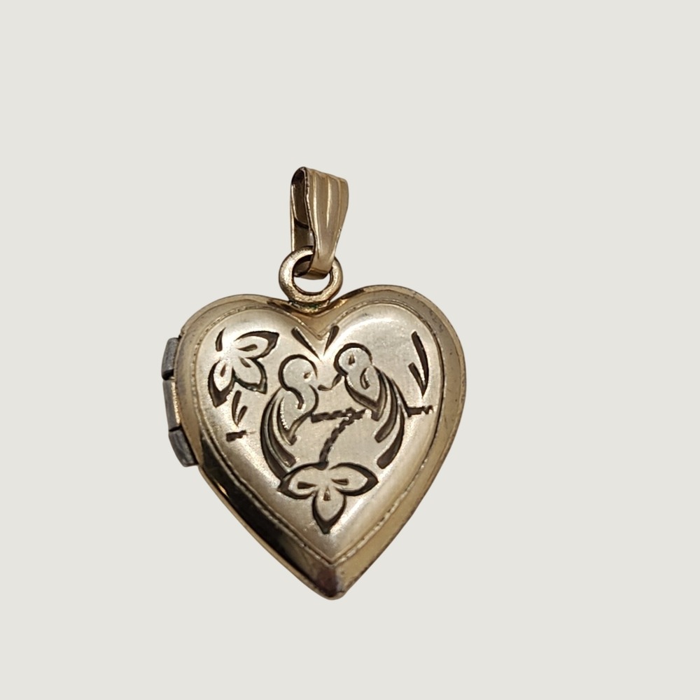 Vintage 14k Gold Filled Heart Locket Pendant Etched Birds Floral Lovebirds